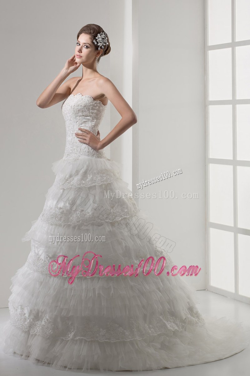 Ruffled Neckline Tiers Bridal Dress Decorated with Beadings and Lace Edge