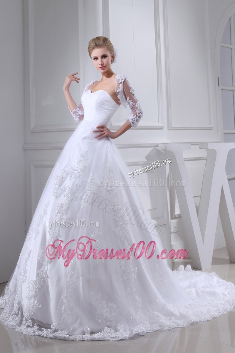 Lace Flowers Bridal Gown with Sheer Half Sleeves Jacket and Chapel Train