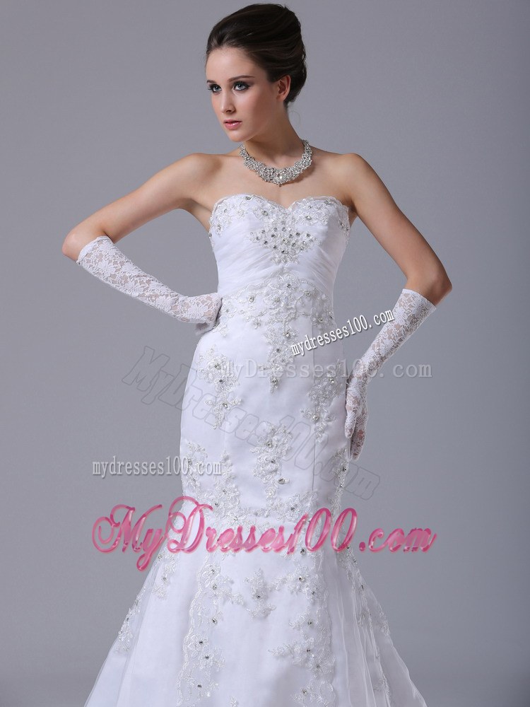 Chapel Train Lace-up Bowknot Back Embroidery White Wedding Dress