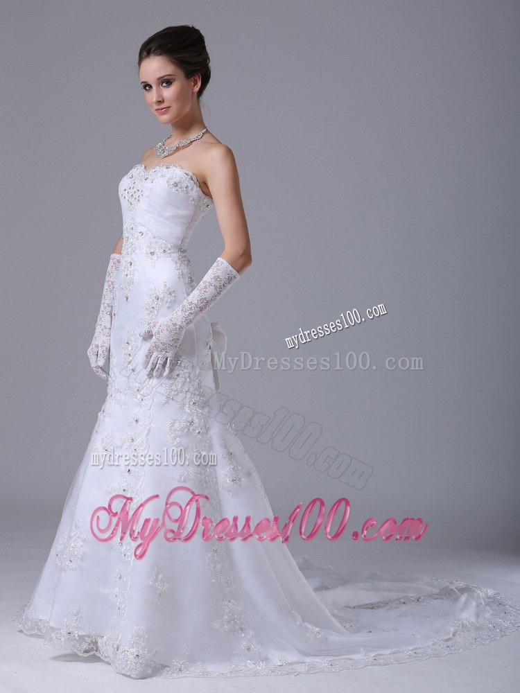 Chapel Train Lace-up Bowknot Back Embroidery White Wedding Dress