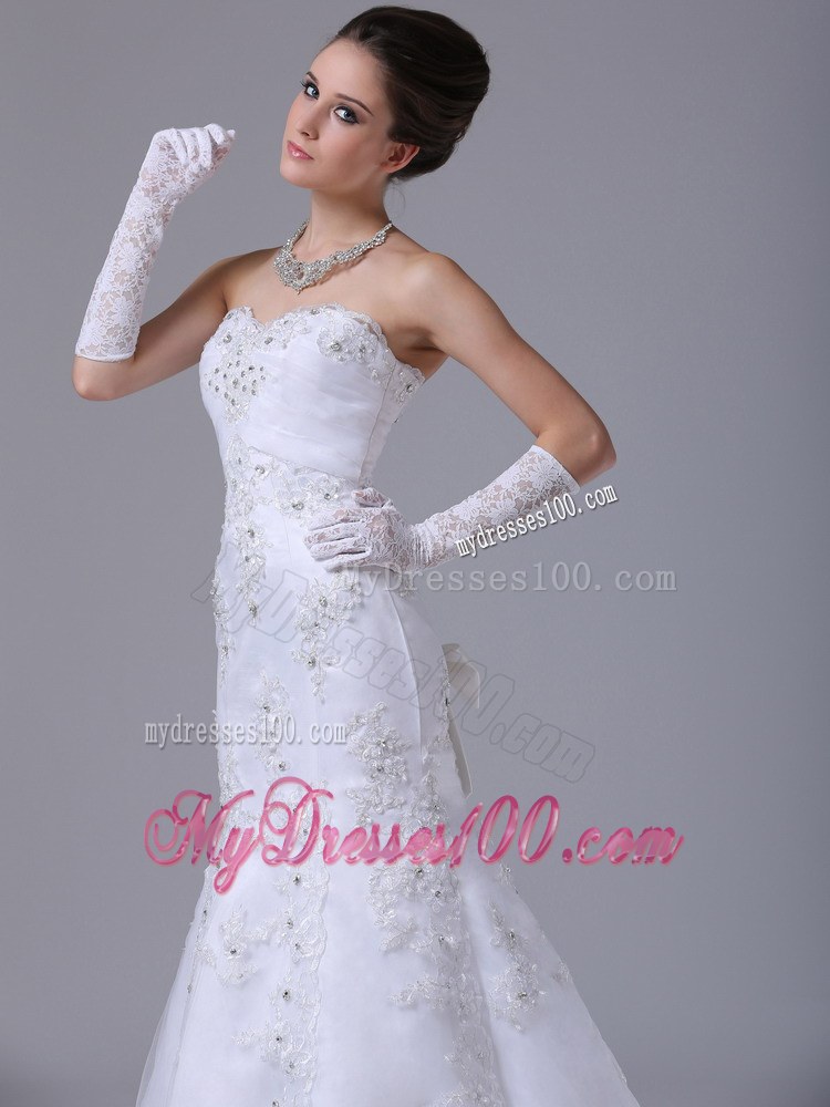 Chapel Train Lace-up Bowknot Back Embroidery White Wedding Dress