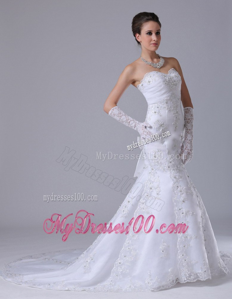 Chapel Train Lace-up Bowknot Back Embroidery White Wedding Dress