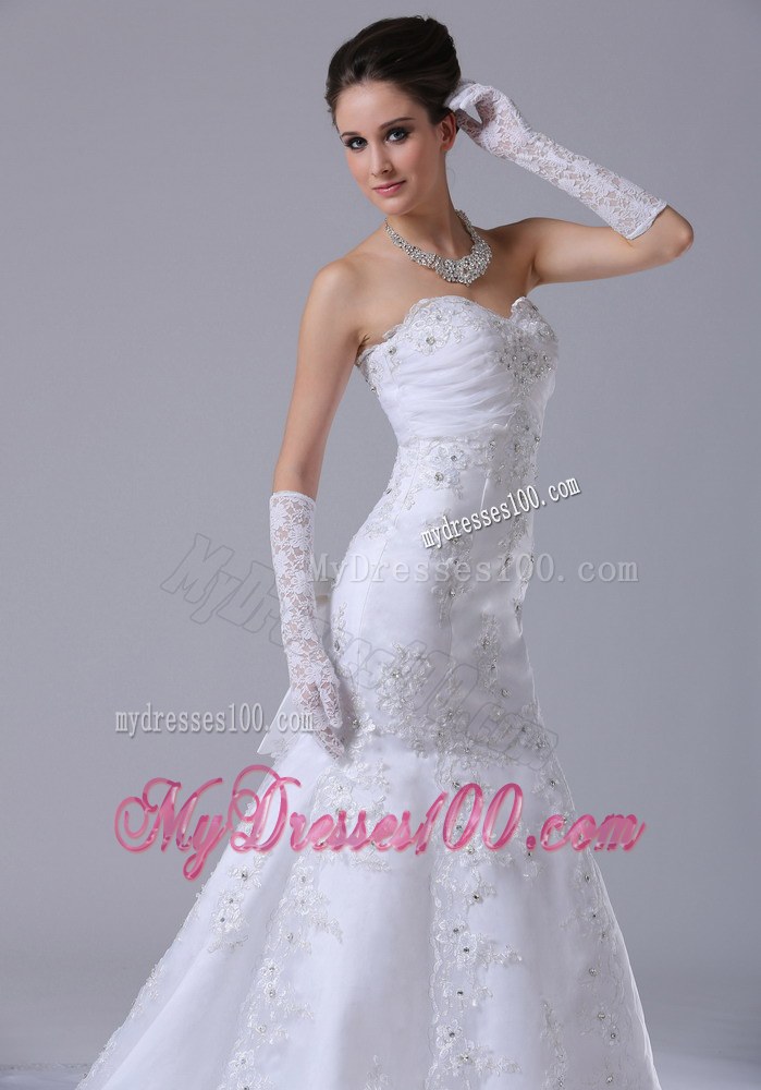 Chapel Train Lace-up Bowknot Back Embroidery White Wedding Dress