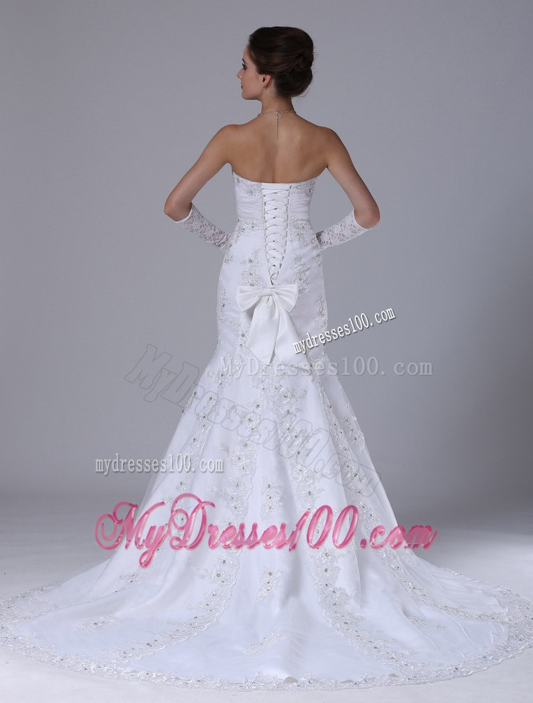 Chapel Train Lace-up Bowknot Back Embroidery White Wedding Dress
