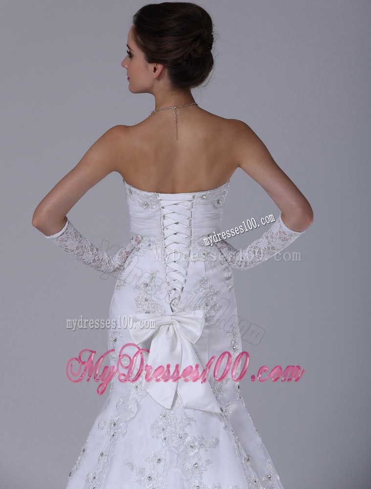 Chapel Train Lace-up Bowknot Back Embroidery White Wedding Dress