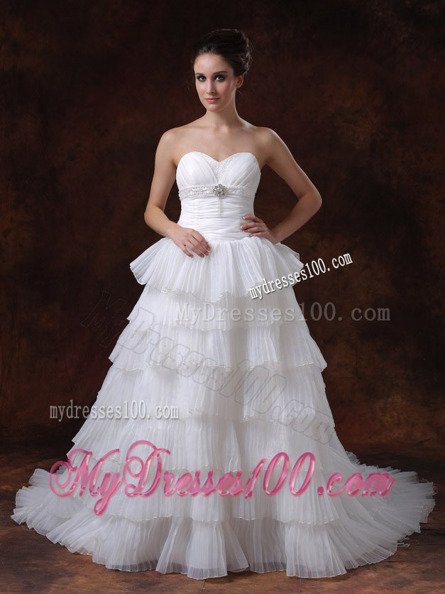 Sweetheart A-line Chapel Train Layers White Hall Wedding Dress