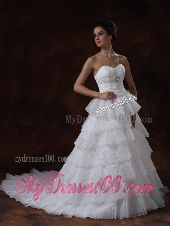 Sweetheart A-line Chapel Train Layers White Hall Wedding Dress