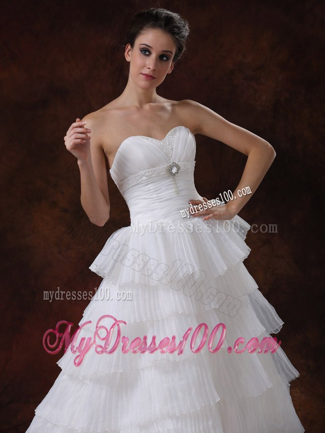 Sweetheart A-line Chapel Train Layers White Hall Wedding Dress