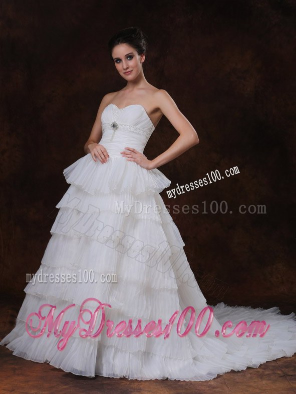 Sweetheart A-line Chapel Train Layers White Hall Wedding Dress