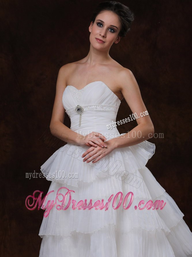 Sweetheart A-line Chapel Train Layers White Hall Wedding Dress