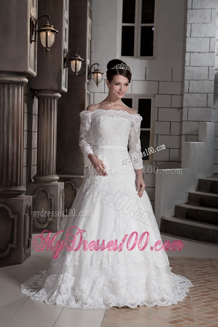 Lace Off The Shoulder Bridal Gown in White with Sweep Train and Lace Edge