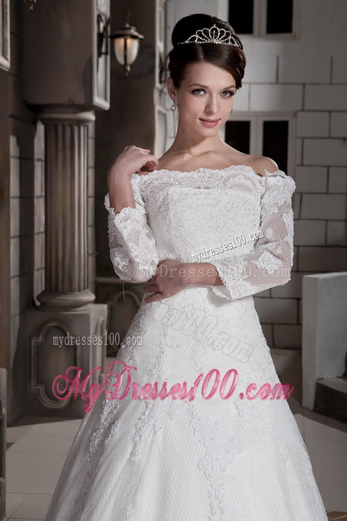 Lace Off The Shoulder Bridal Gown in White with Sweep Train and Lace Edge