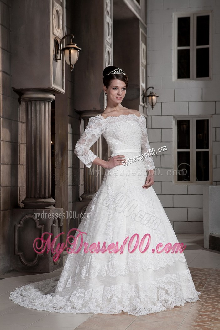 Lace Off The Shoulder Bridal Gown in White with Sweep Train and Lace Edge