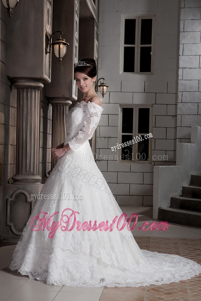 Lace Off The Shoulder Bridal Gown in White with Sweep Train and Lace Edge