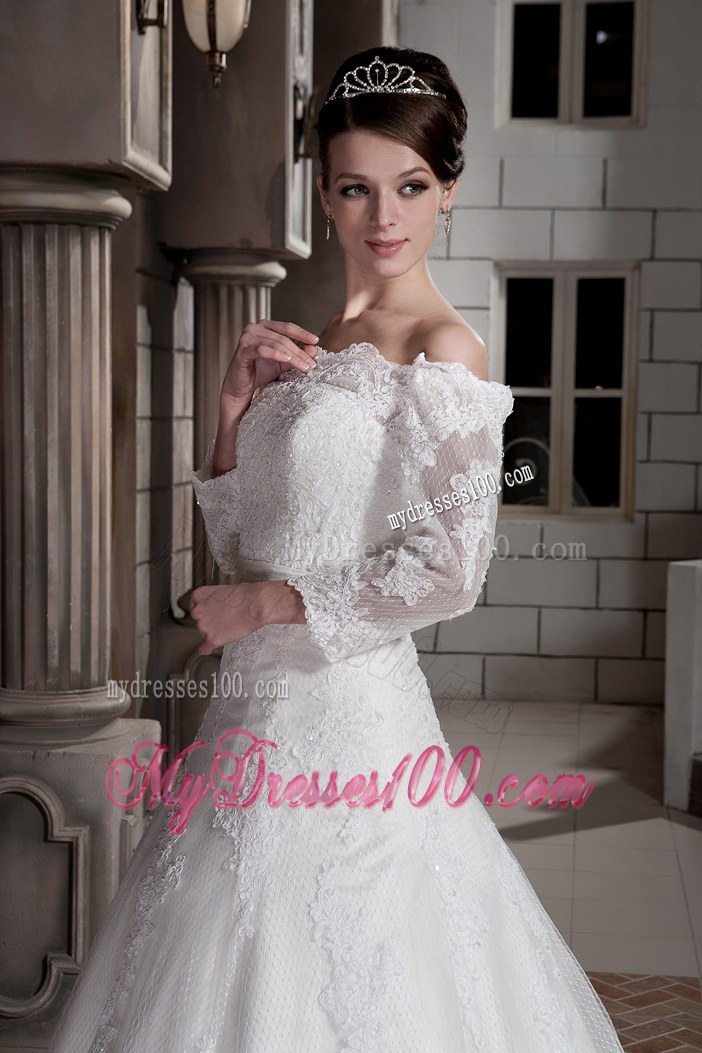 Lace Off The Shoulder Bridal Gown in White with Sweep Train and Lace Edge