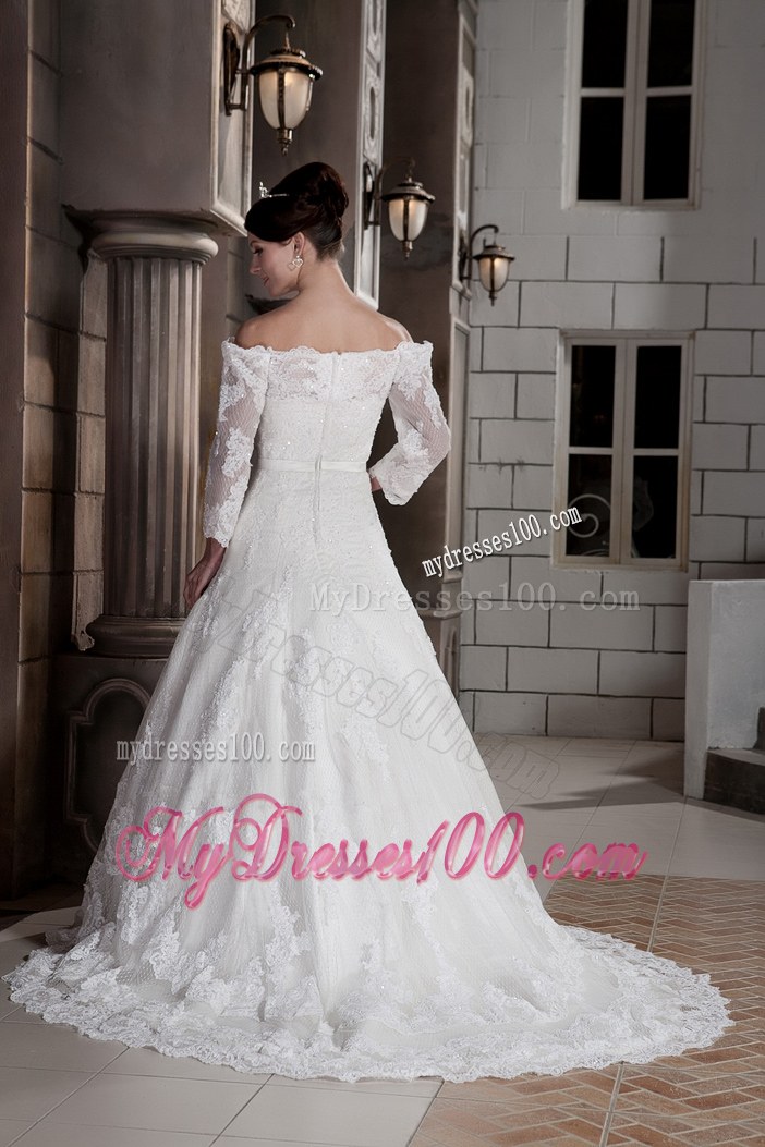 Lace Off The Shoulder Bridal Gown in White with Sweep Train and Lace Edge