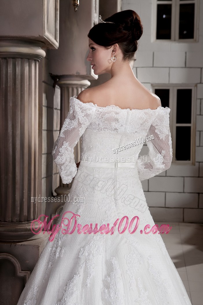 Lace Off The Shoulder Bridal Gown in White with Sweep Train and Lace Edge