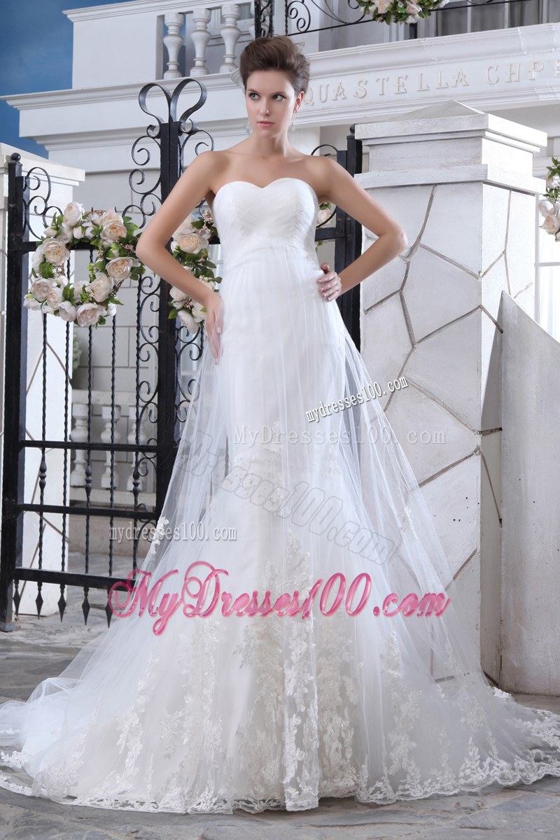Sweetheart Mermaid Brush Train Bridal Gowns with Lace Flower Hemline