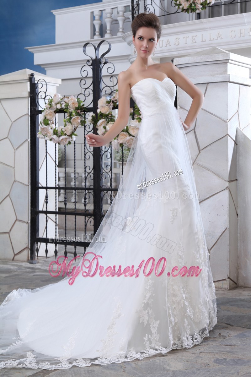 Sweetheart Mermaid Brush Train Bridal Gowns with Lace Flower Hemline