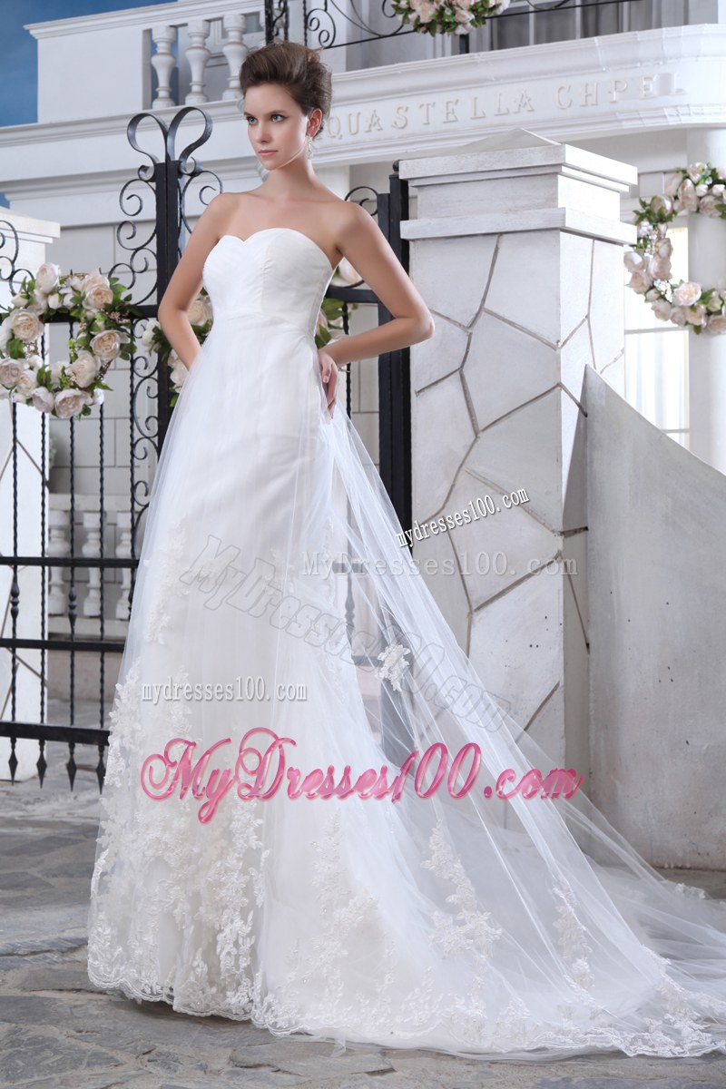 Sweetheart Mermaid Brush Train Bridal Gowns with Lace Flower Hemline