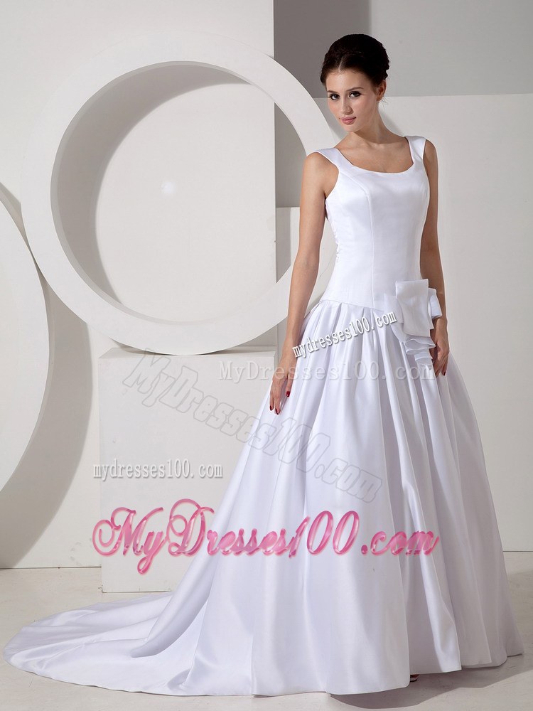 Simple Straps Square Court Train Wedding Dress with Hand Made Flowers