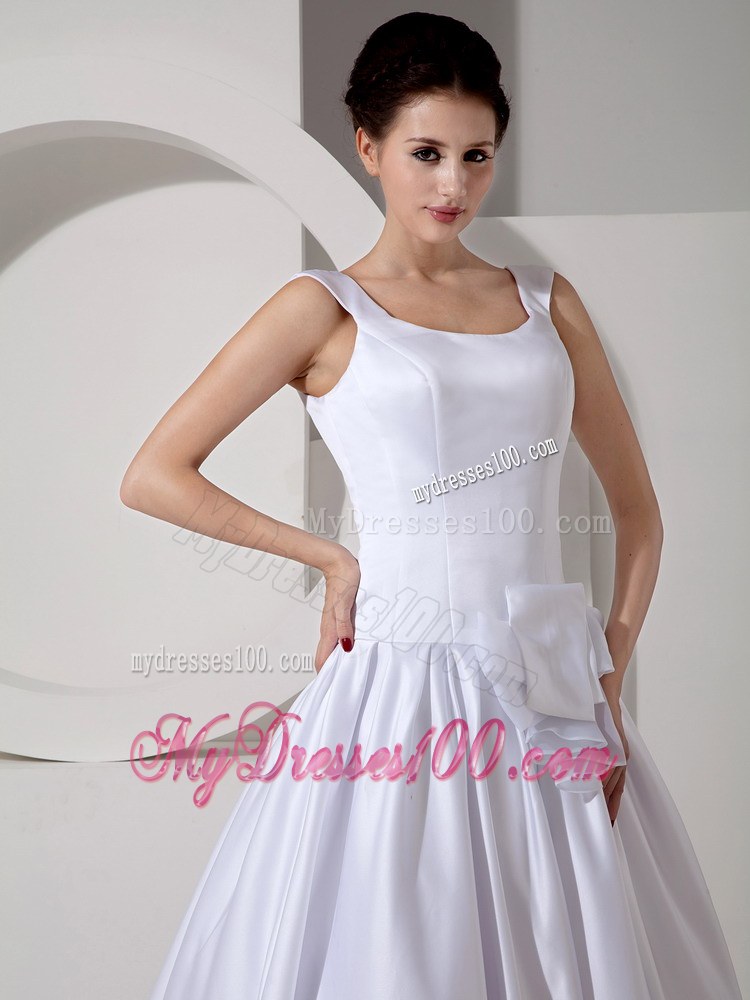 Simple Straps Square Court Train Wedding Dress with Hand Made Flowers