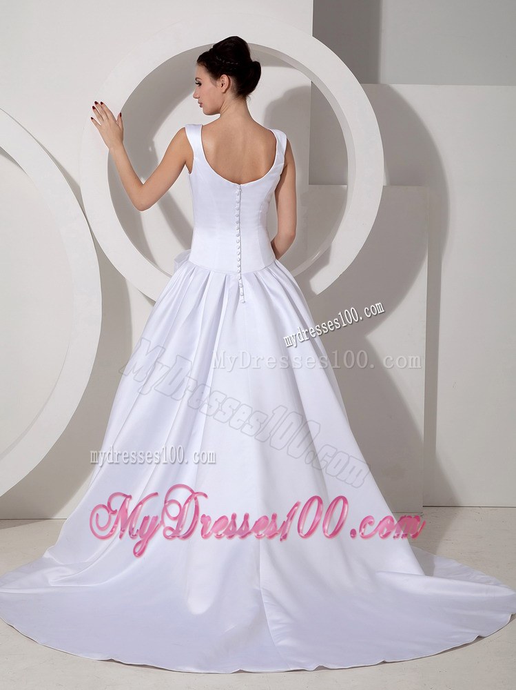 Simple Straps Square Court Train Wedding Dress with Hand Made Flowers