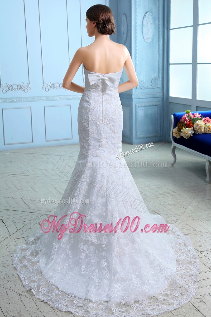 Lace Flowers Strapless Wedding Dresses with Brush Train and A Bowknot Back