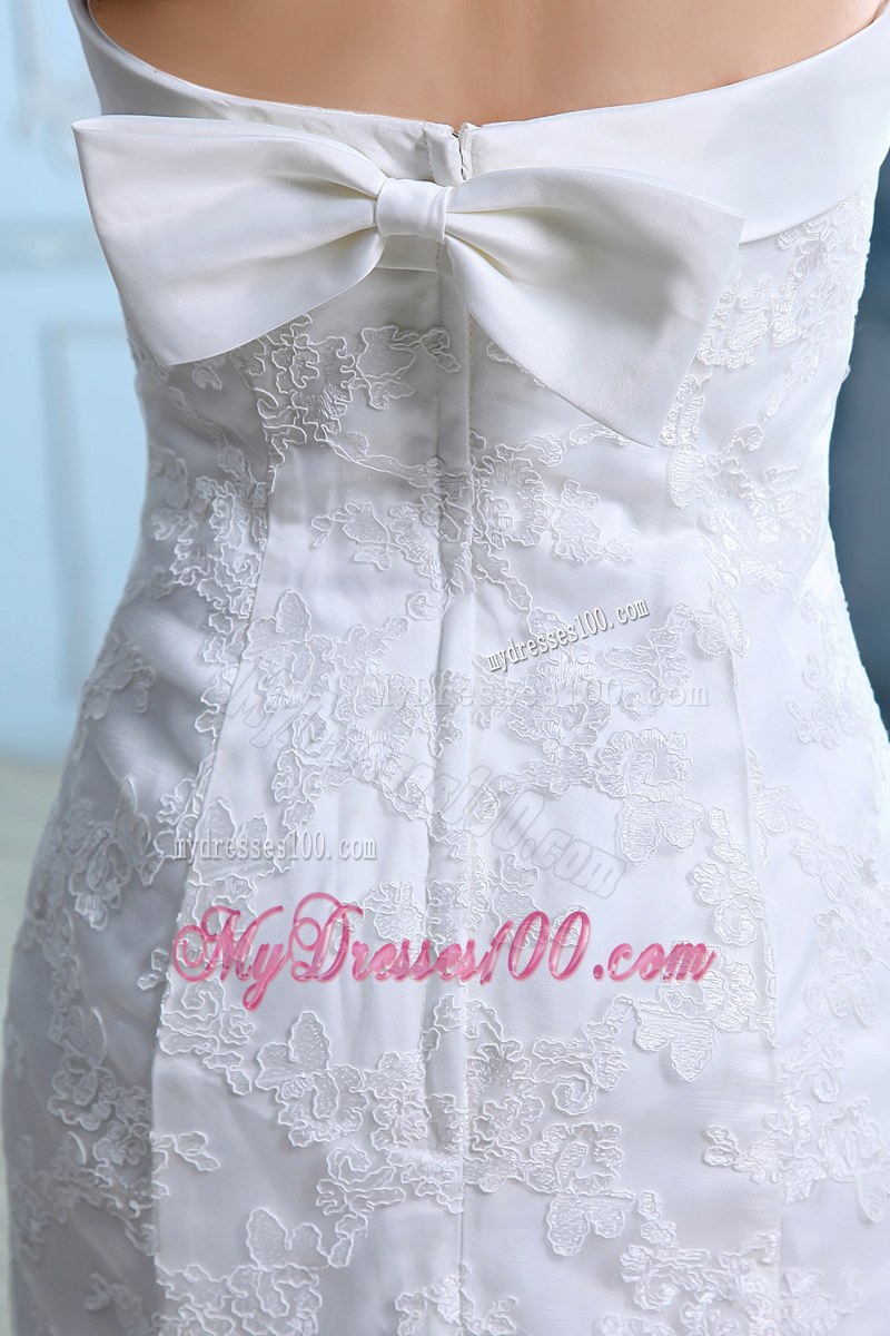 Lace Flowers Strapless Wedding Dresses with Brush Train and A Bowknot Back