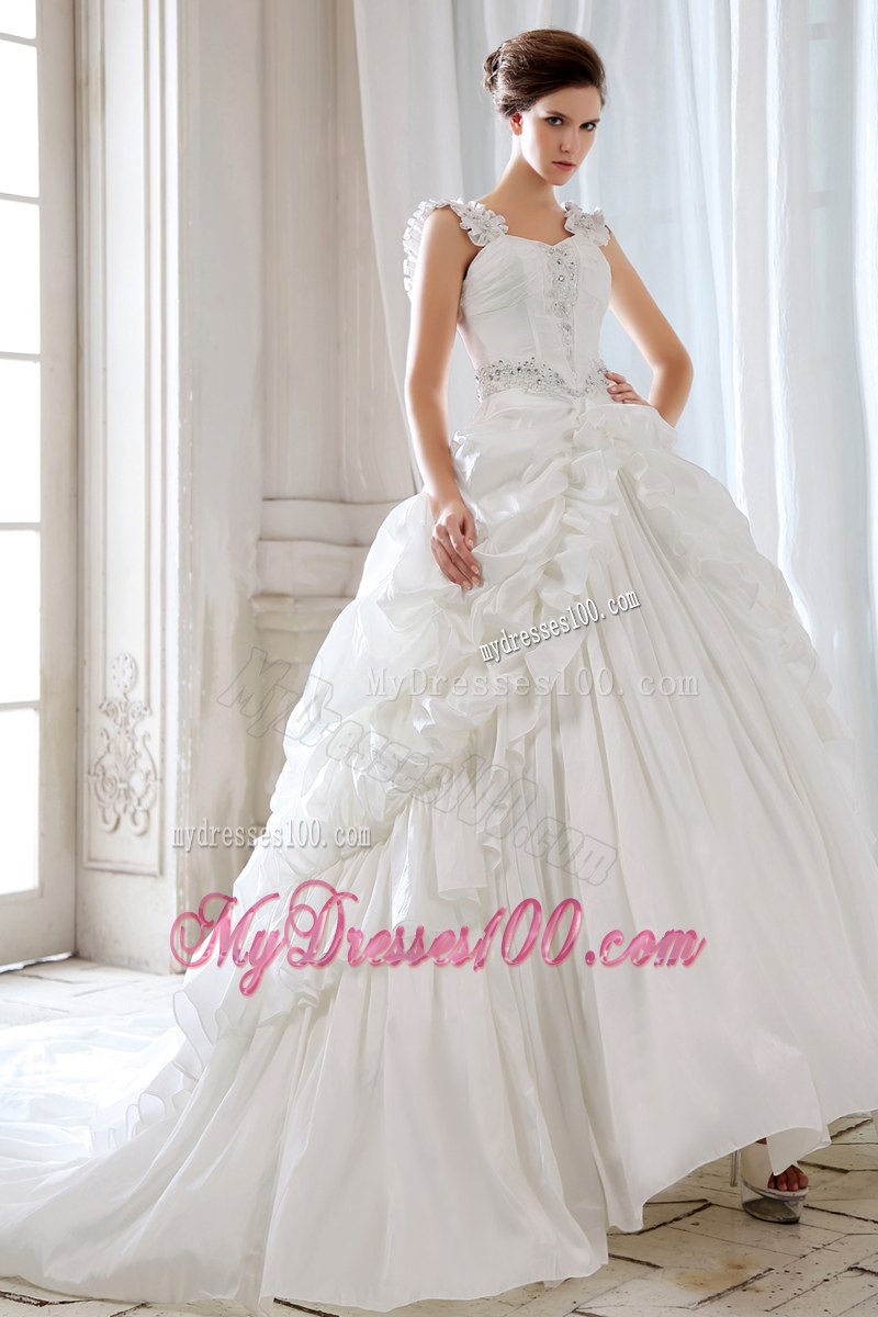 Sophisticated Court Train White Wedding Bridal Gown with Straps Pick-ups