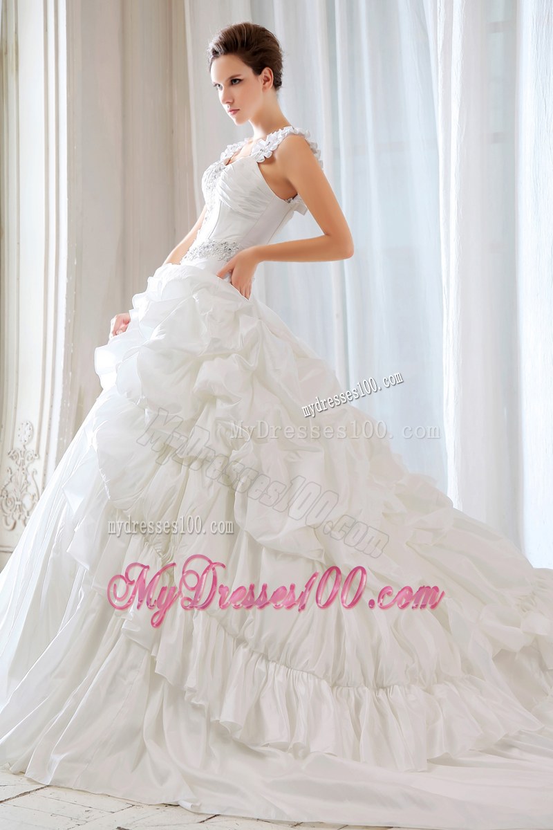 Sophisticated Court Train White Wedding Bridal Gown with Straps Pick-ups