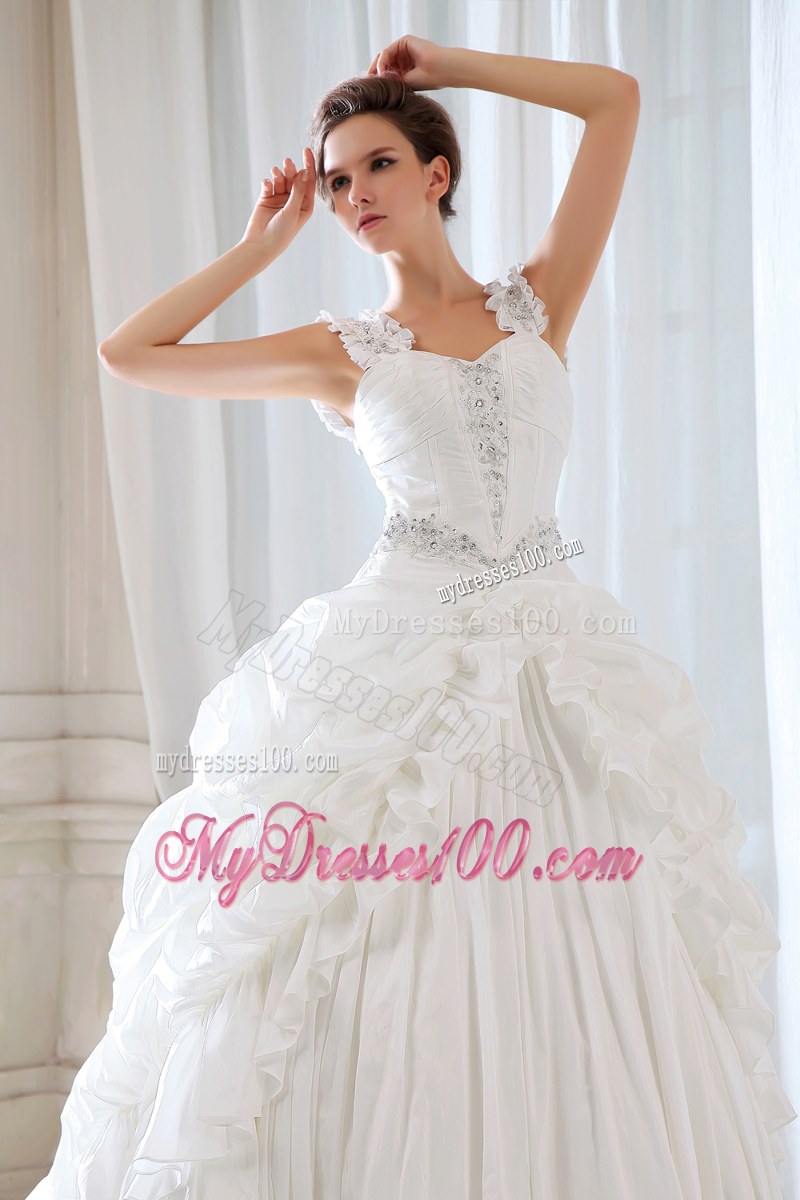 Sophisticated Court Train White Wedding Bridal Gown with Straps Pick-ups