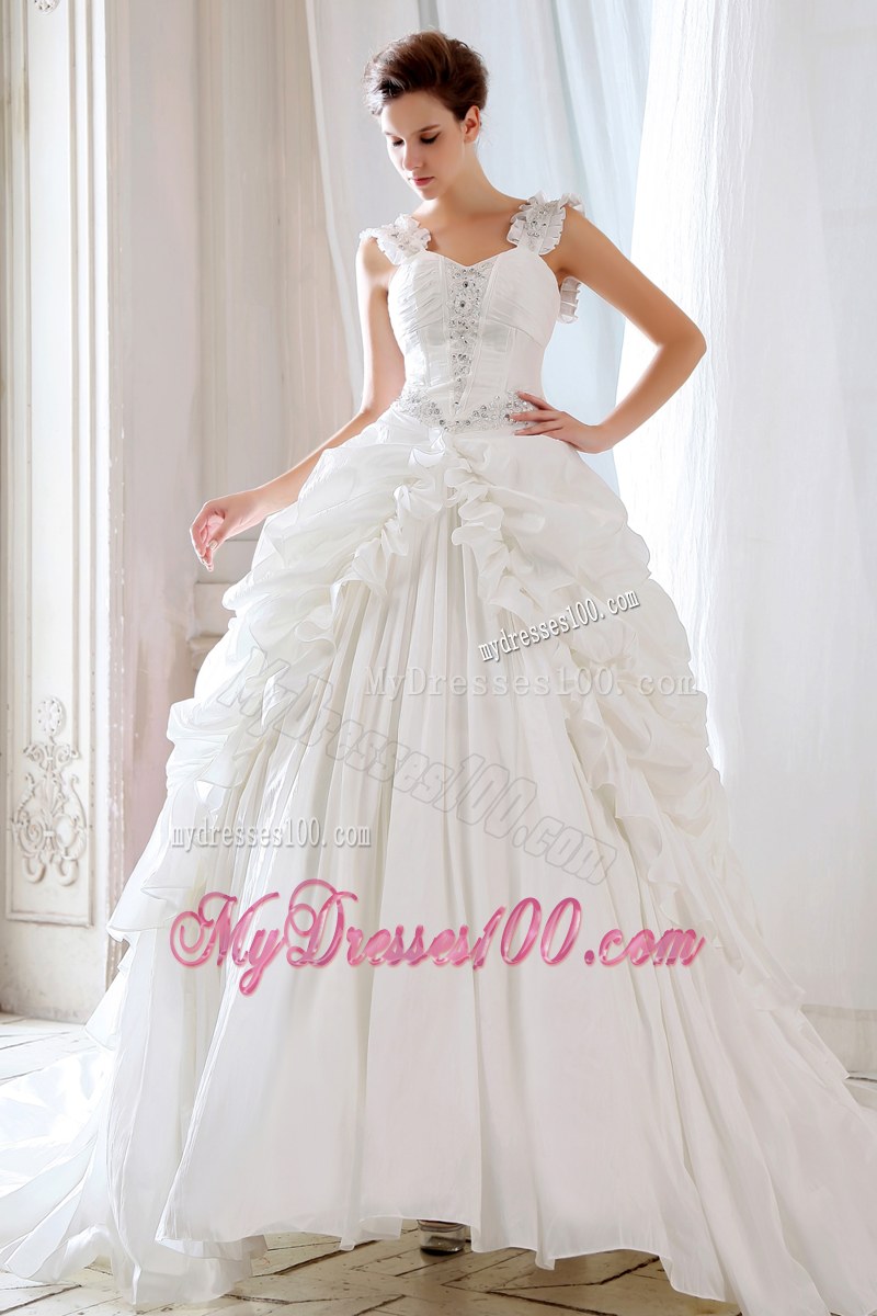 Sophisticated Court Train White Wedding Bridal Gown with Straps Pick-ups
