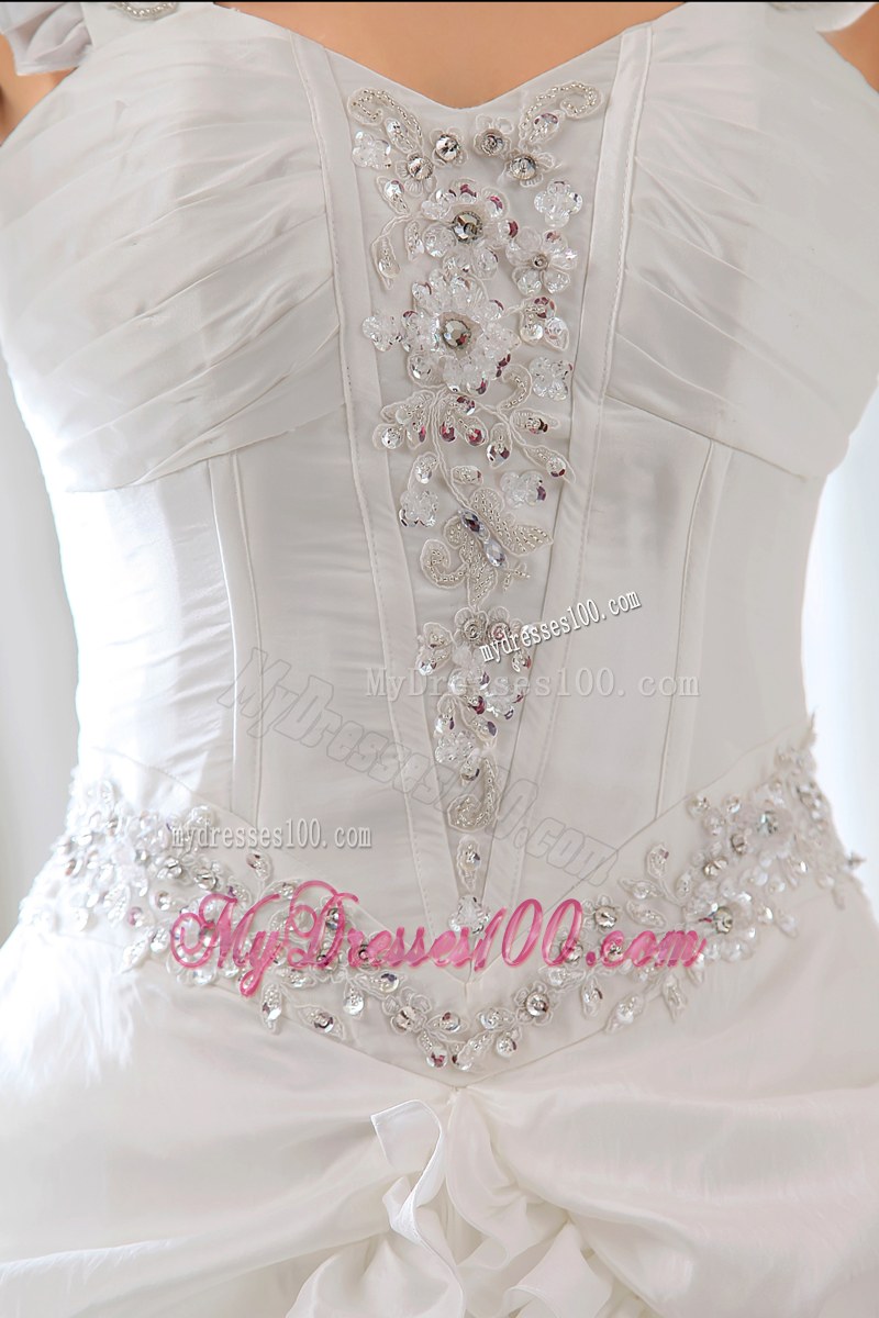 Sophisticated Court Train White Wedding Bridal Gown with Straps Pick-ups
