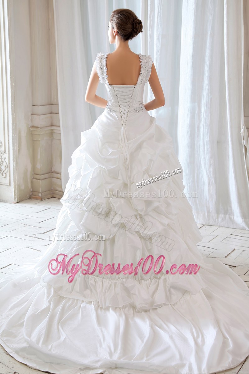 Sophisticated Court Train White Wedding Bridal Gown with Straps Pick-ups