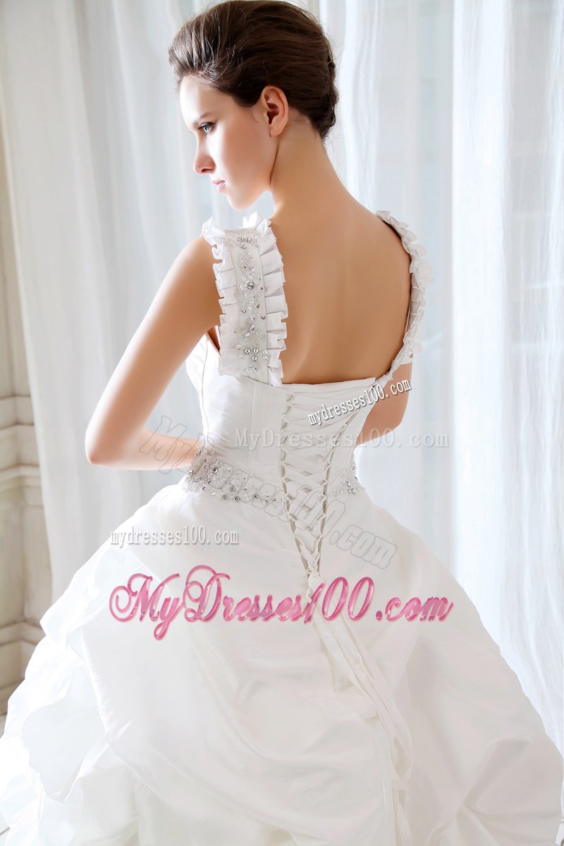 Sophisticated Court Train White Wedding Bridal Gown with Straps Pick-ups