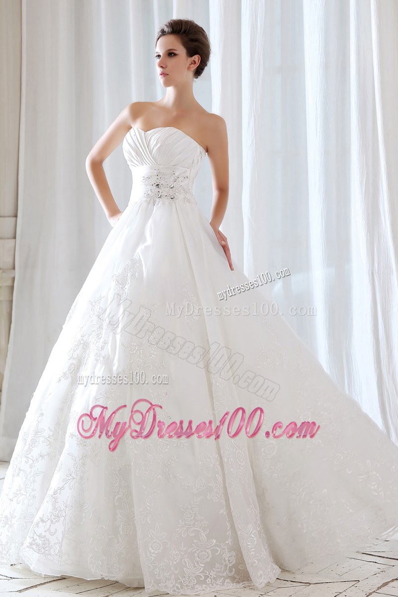 Strapless Ruche Beaded Lace Hem White Wedding Gown Floor Length