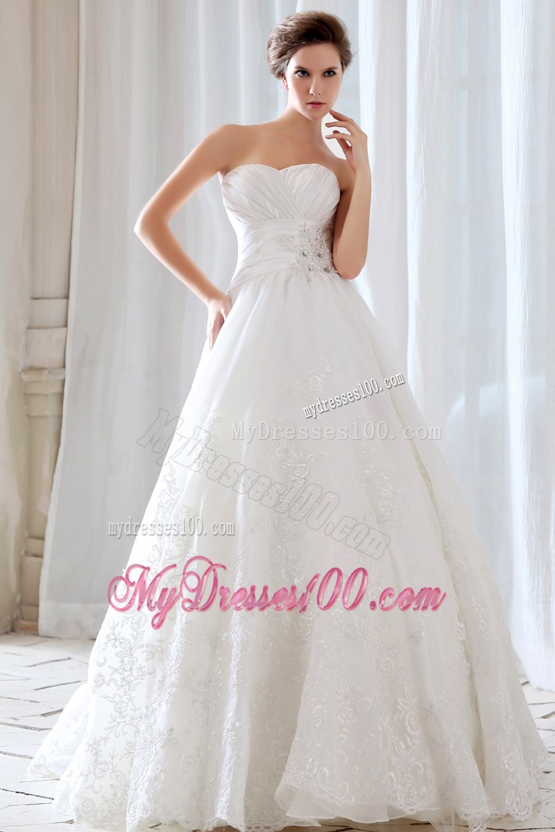 Strapless Ruche Beaded Lace Hem White Wedding Gown Floor Length
