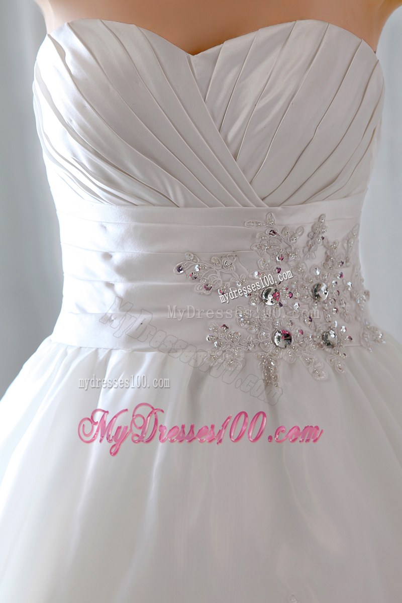 Strapless Ruche Beaded Lace Hem White Wedding Gown Floor Length