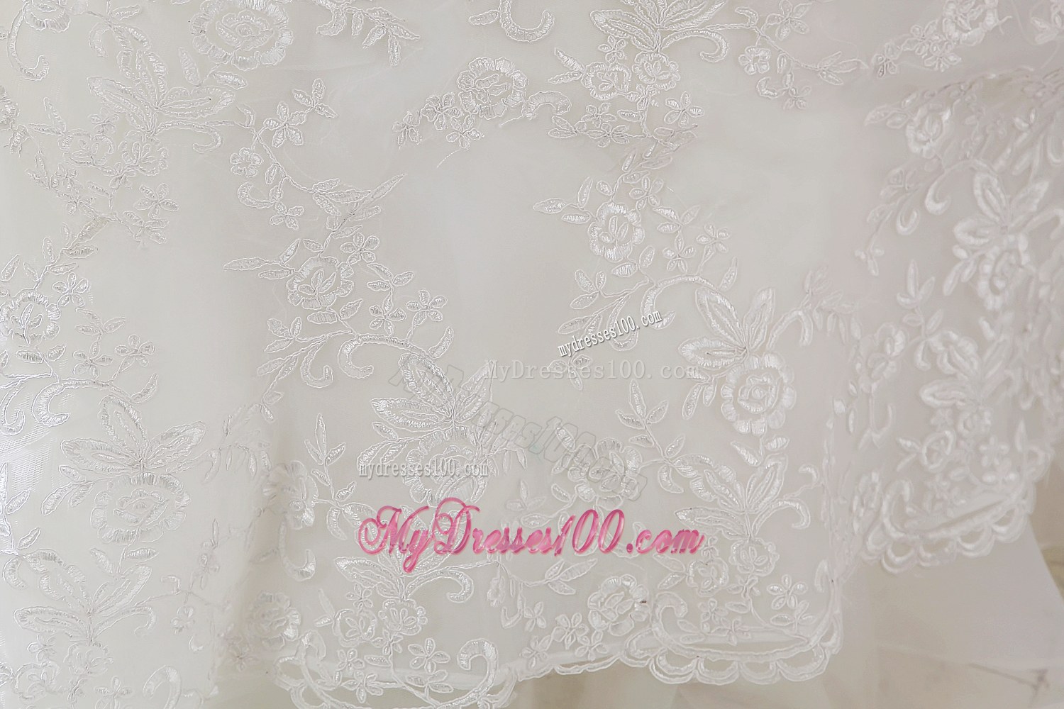 Strapless Ruche Beaded Lace Hem White Wedding Gown Floor Length