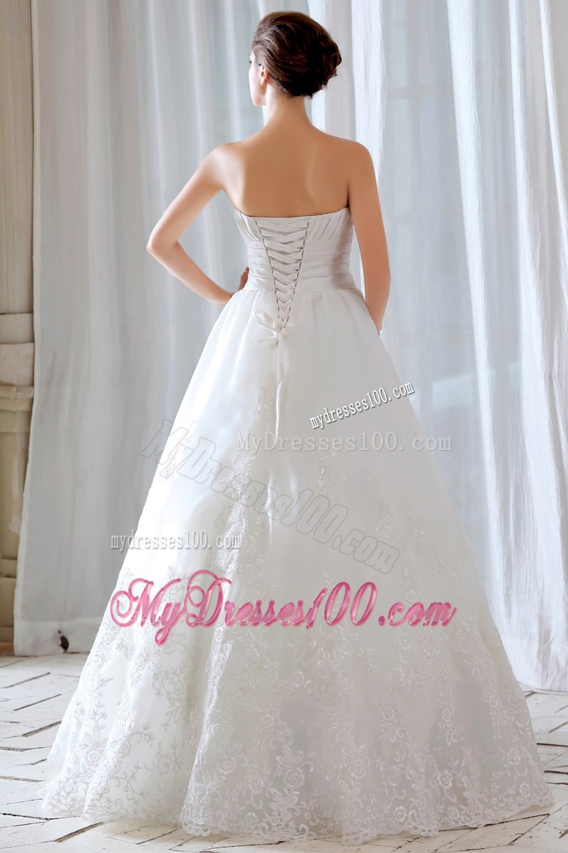 Strapless Ruche Beaded Lace Hem White Wedding Gown Floor Length