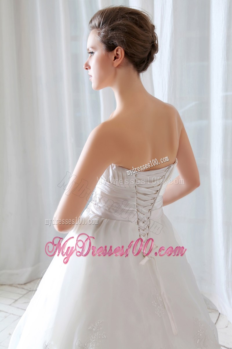 Strapless Ruche Beaded Lace Hem White Wedding Gown Floor Length