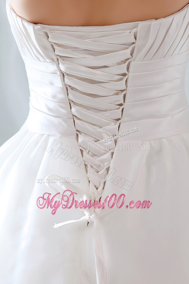 Strapless Ruche Beaded Lace Hem White Wedding Gown Floor Length
