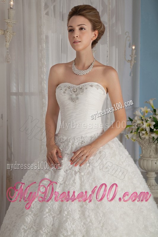 Beaded Special Embossed Fabric White Bridal Gown Chapel Train