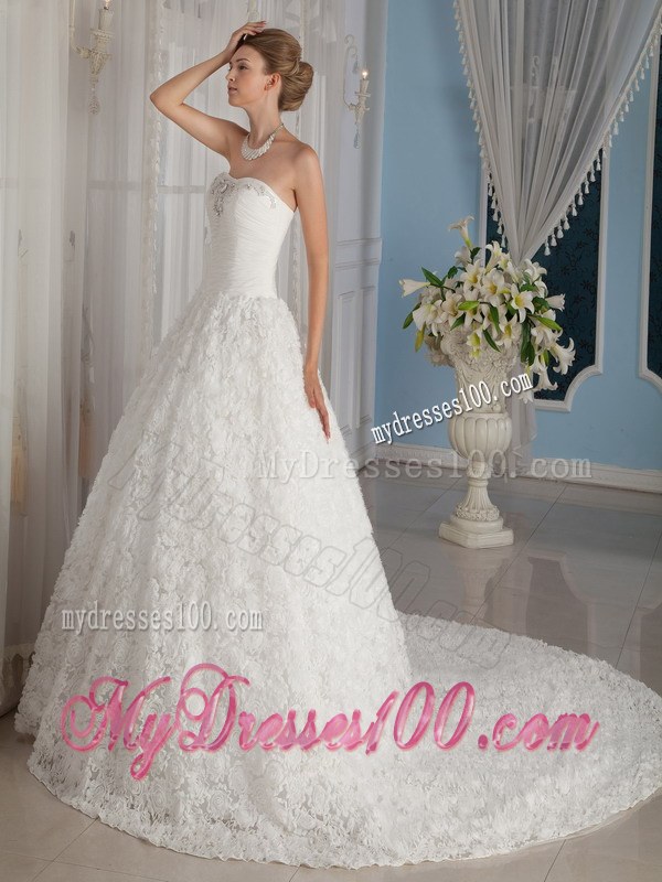 Beaded Special Embossed Fabric White Bridal Gown Chapel Train