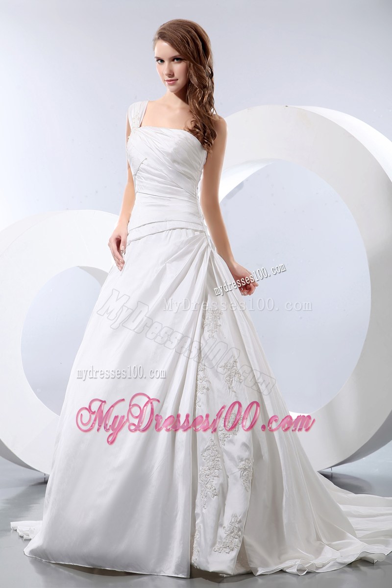 One Shoulder Ruching and Appliques Puffy Dress for Brides with Court Train