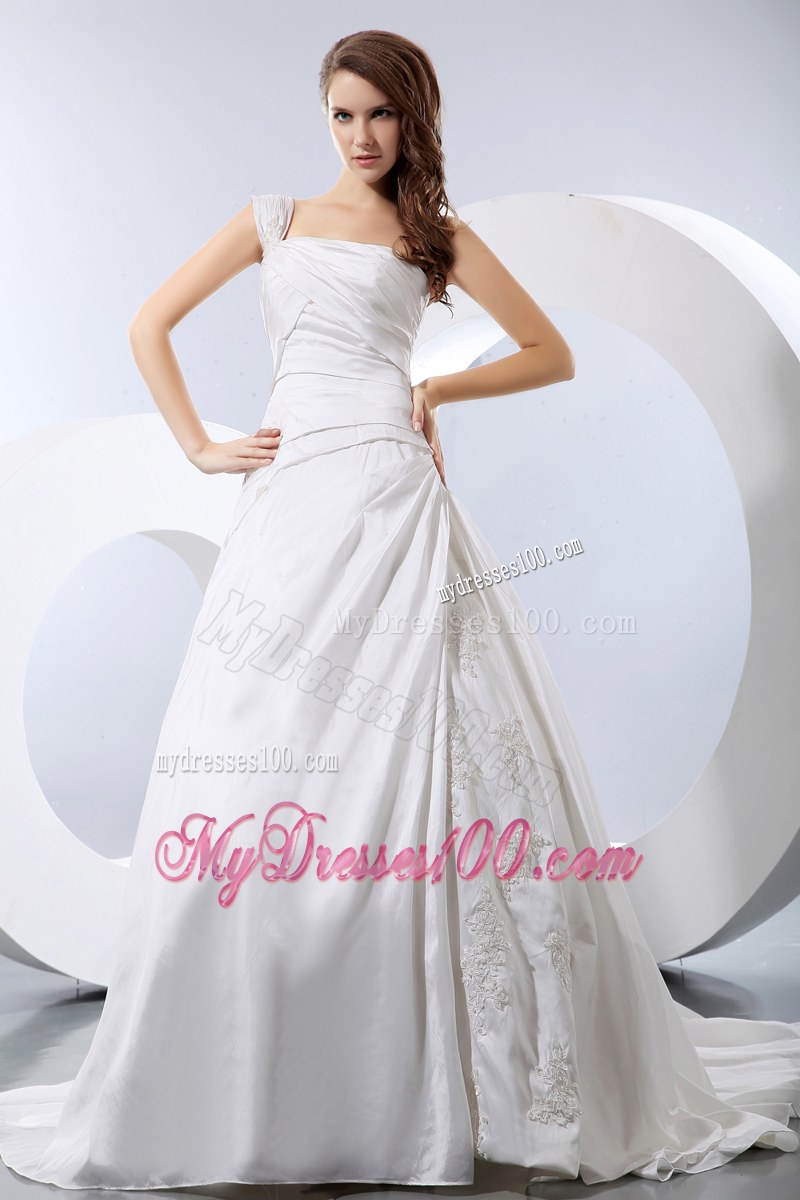 One Shoulder Ruching and Appliques Puffy Dress for Brides with Court Train