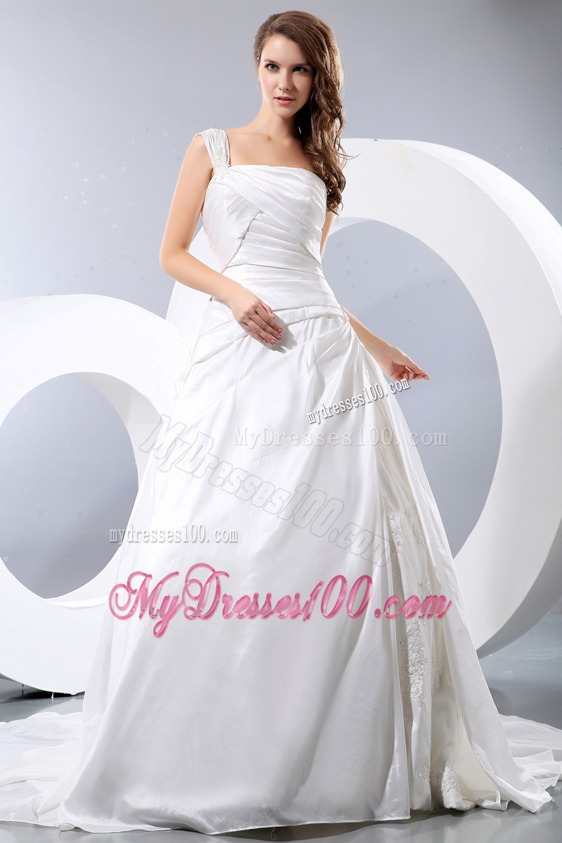 One Shoulder Ruching and Appliques Puffy Dress for Brides with Court Train