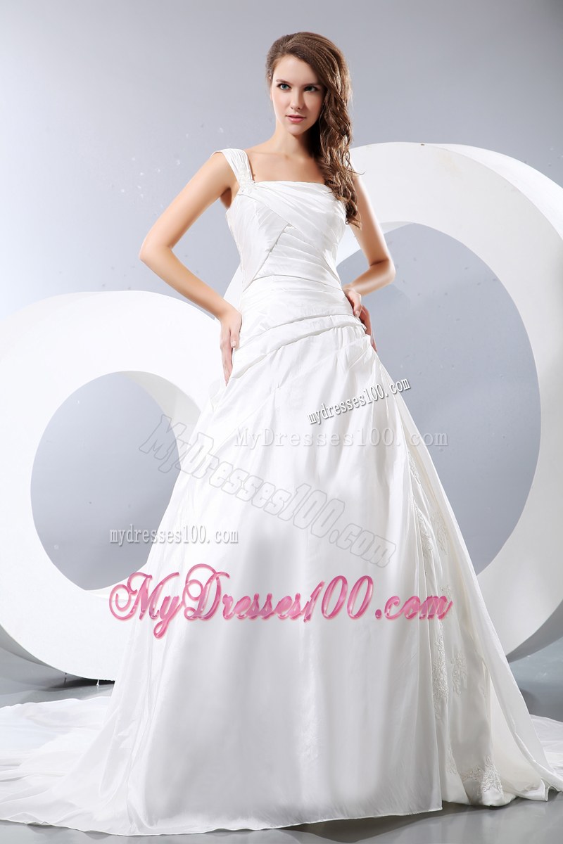 One Shoulder Ruching and Appliques Puffy Dress for Brides with Court Train