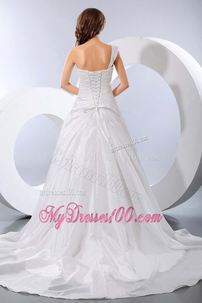 One Shoulder Ruching and Appliques Puffy Dress for Brides with Court Train